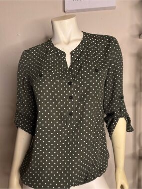 New York & Company Olive Green Polka Dot Roll-Tab Blouse
